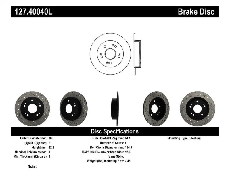 Stoptech 06-09 Honda Civic Ex/Si Slotted & Drilled Left Rear Rotor 1