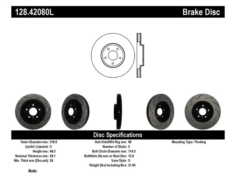 Stoptech 08-09 Infiniti Ex35 / 05-08 G35 / 09 G37 / 06-09 M35/M45 Drilled Left Front Rotor 1