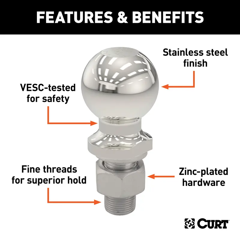 Curt Stainless Steel 2" Trailer Ball – 1" X 2-1/8" Shank, 6,000 Lb Capacity 1